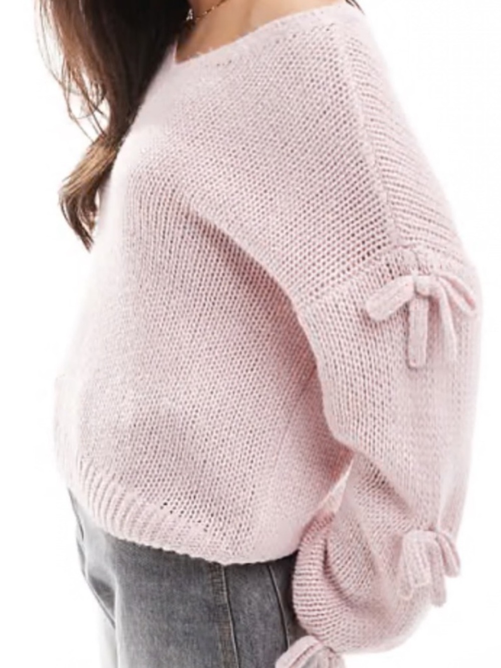 Hollister Pink Oversized Slouchy Knit Off Shoulder Bow Applique Sweater Size M - Picture 5 of 10